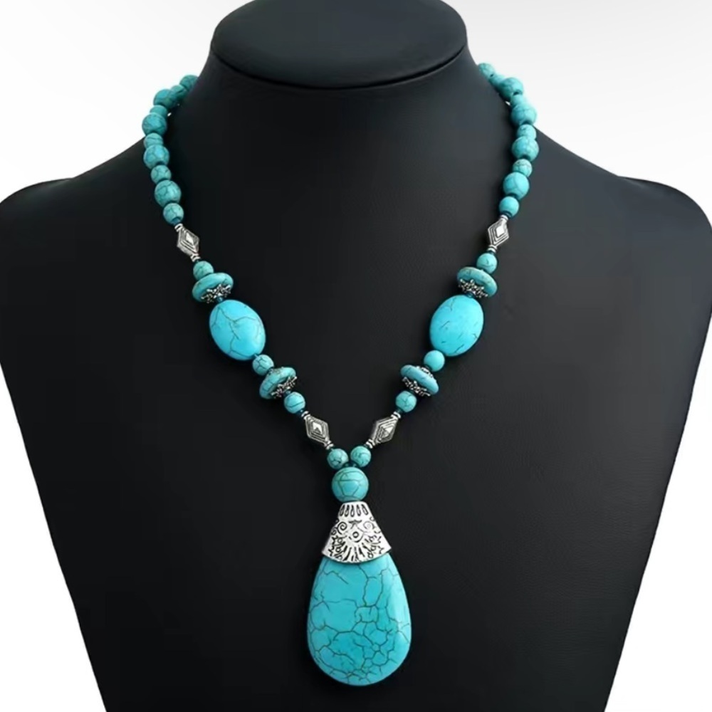 Beautiful Silver Turquoise Stone Statement Necklace Set